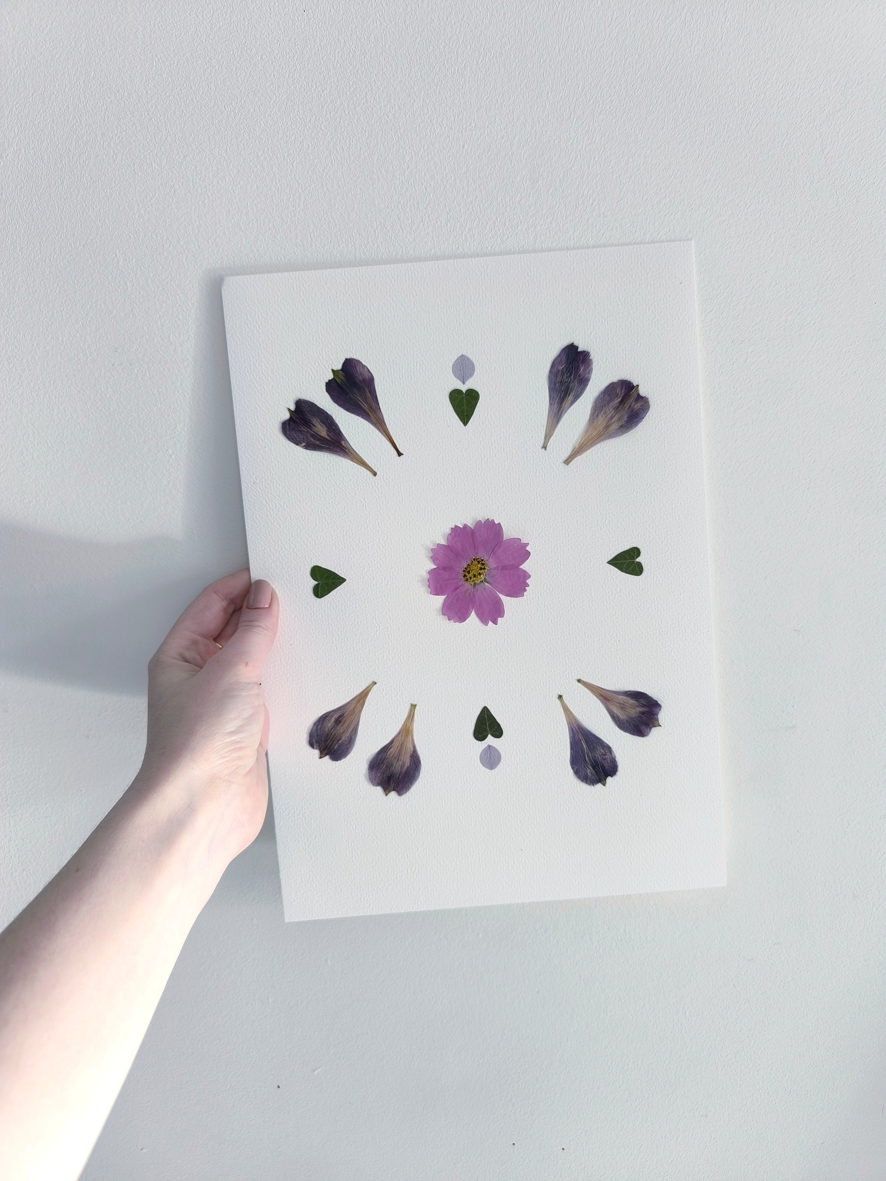 Cadre floral avec fleur séchée rose et pétales violets, idéal comme cadeau artisanal