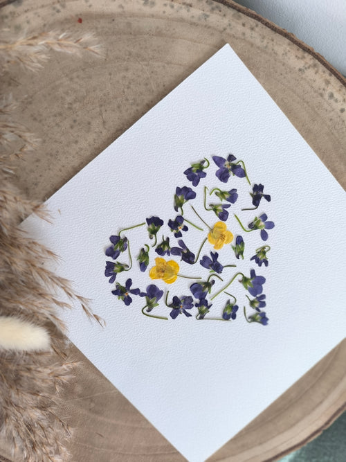 Fleurs séchées violettes et jaunes sur papier blanc, idéal pour herbier ou cadre floral artisanal