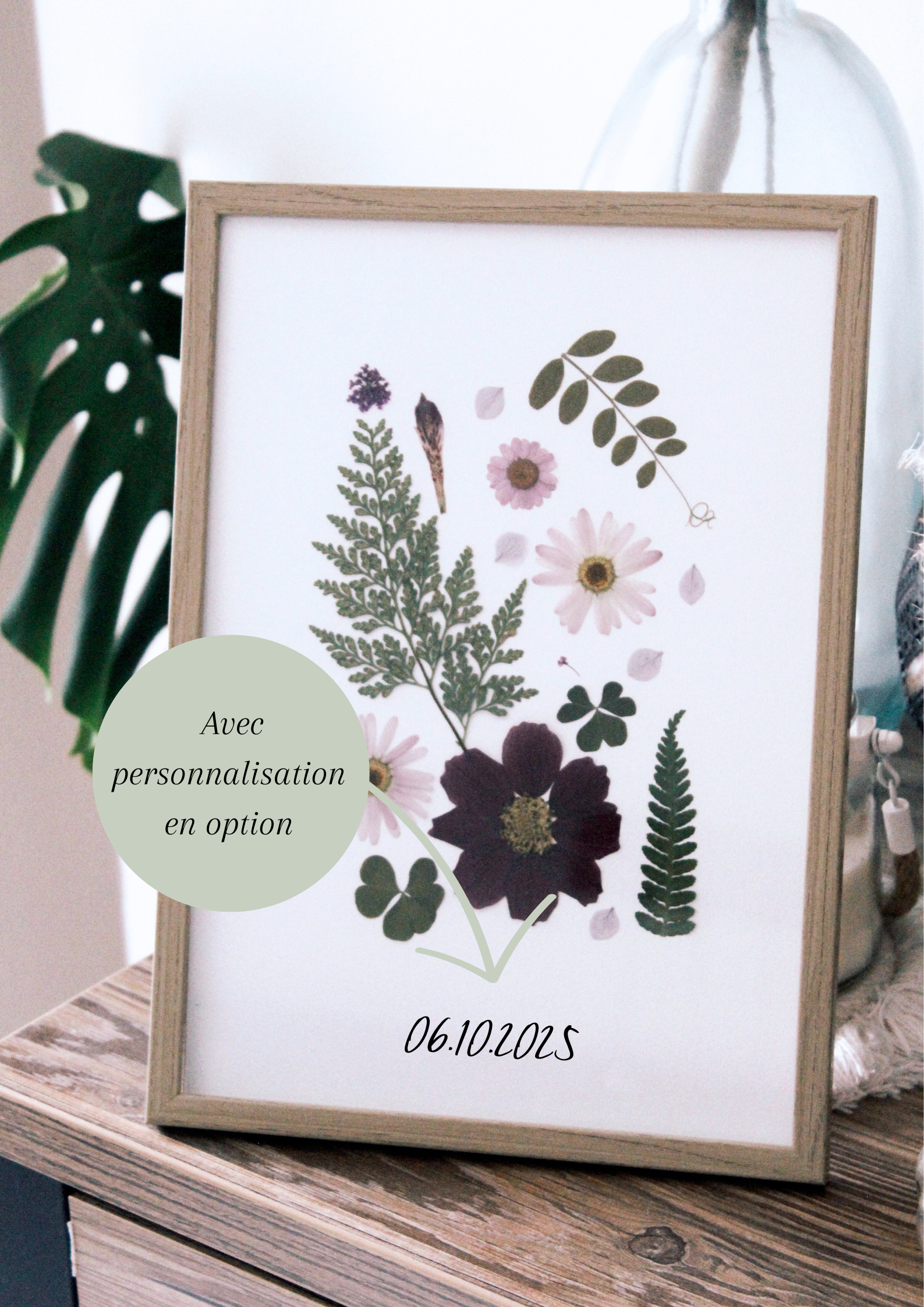Cadre avec fleurs séchées et feuilles pressées, personnalisation date optionnelle, cadeau floral artisanal