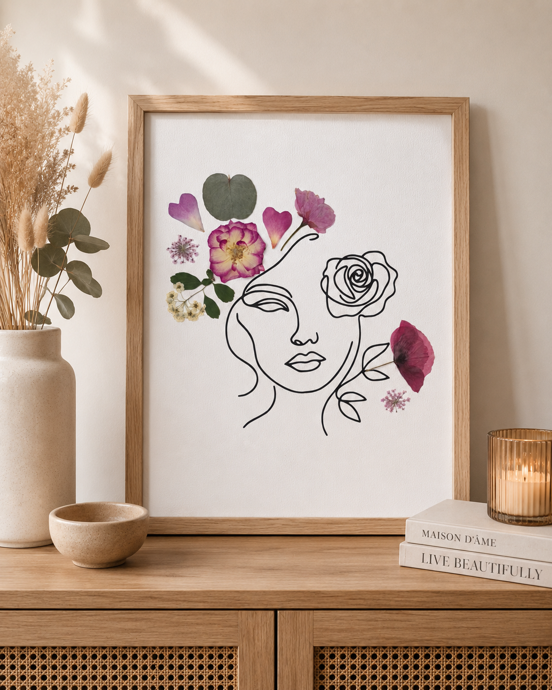 Herbier cadre visage femme fleurie