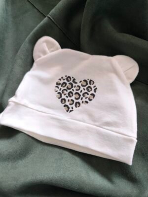 Bonnet de naissance bébé - léopard coeur